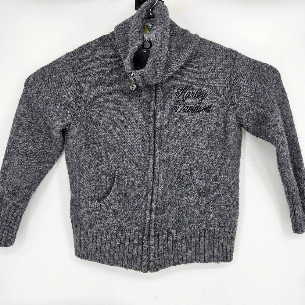 Harley Davidson Sweater‎ Womens 1W Logo Alpaca Wool Blend Zip Gray Cowl Neck